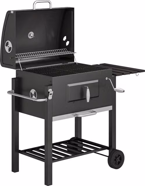 Barbecue a carbone con ruote Outsunny in acciaio inossidabile con termometro e coperchio, Nero, L: 113 cm, P: 65 cm, H: 108 cm – 1
