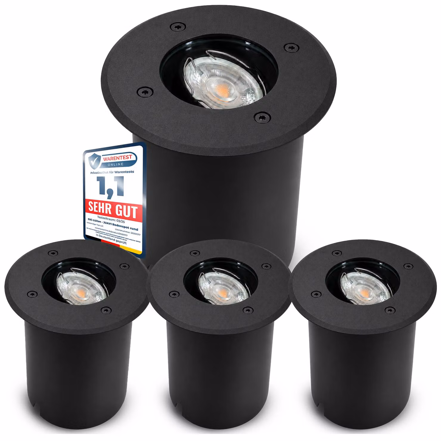 SSC-LUXon Set da 4 faretti da incasso a pavimento per esterni JUAVI IP67 - Faretti da incasso a pavimento rotondi nero opaco 230 V, resistenti al calpestio, per 1 lampadina GU10 (venduta separatamente)