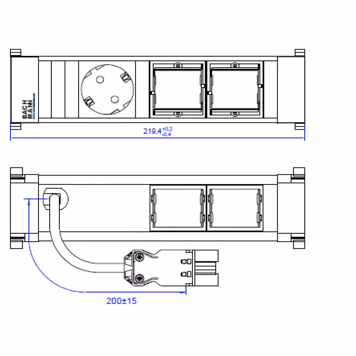 BACHMANN POWER FRAME 1xCEE7/3 2xCM, profilo in plastica 0,2m GST18