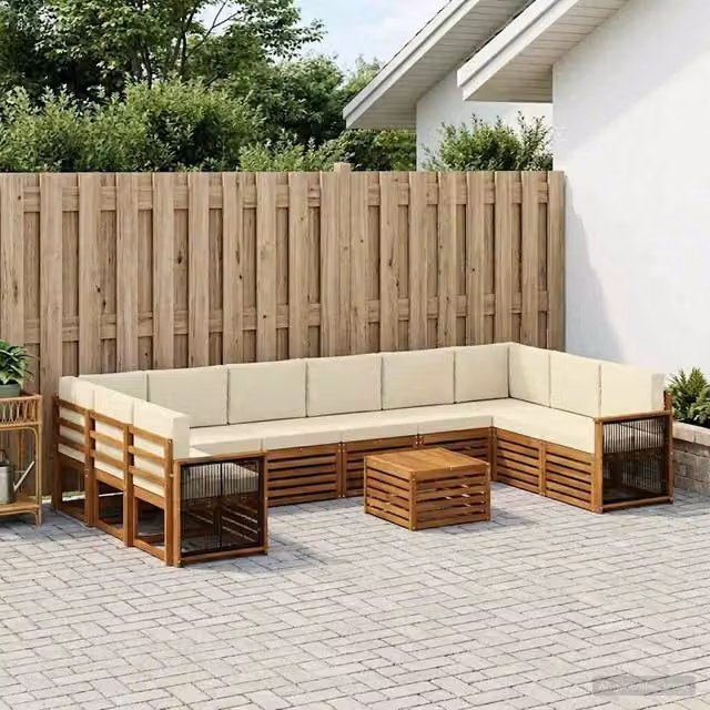 Set di divani da esterno a L con tavolino vidaXL in legno di acacia, colore beige e bianco, composto da 8 pezzi con cuscini inclusi – 1