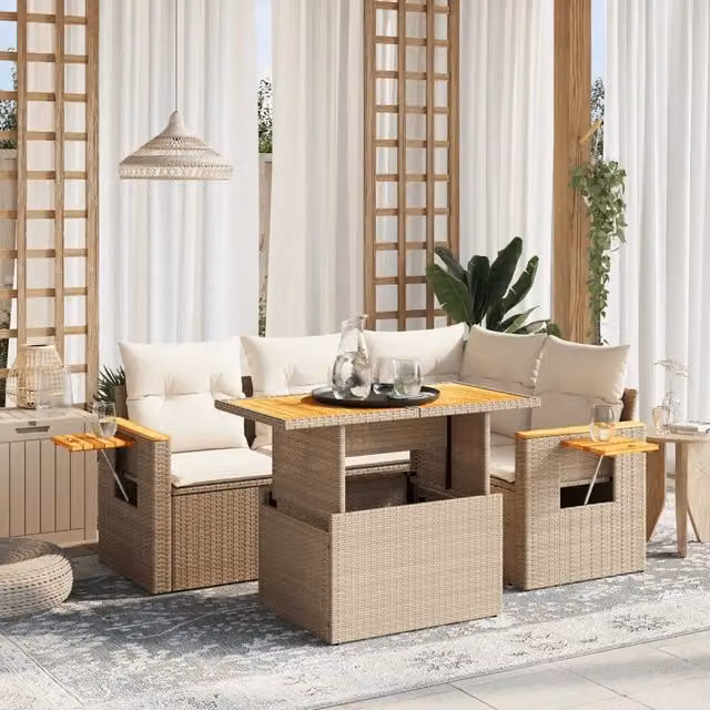 Set Divano da Giardino a L VIDAXL in Polyrattan Beige con Cuscini e Ottoman 5 Pezzi