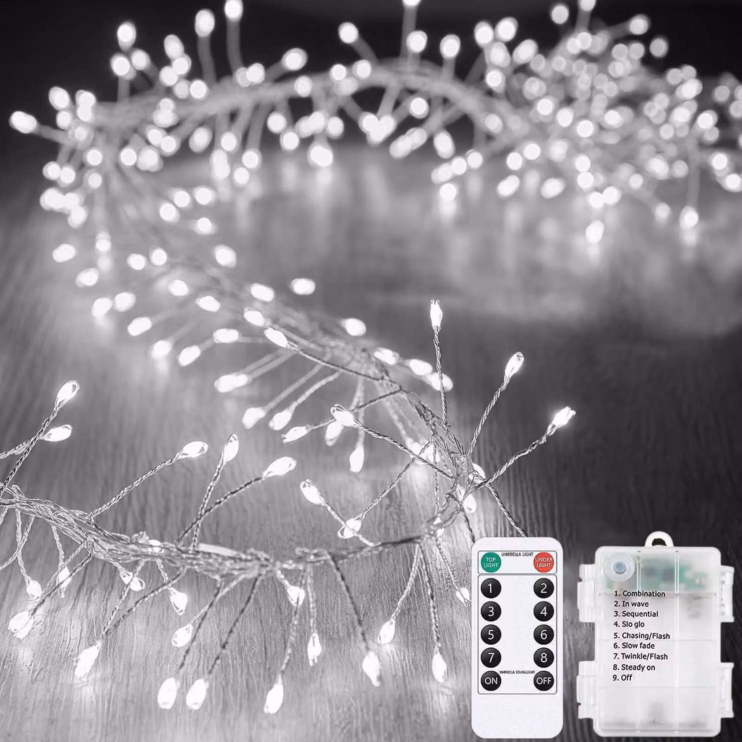 Catena luminosa con 200 LED, filo argentato, alimentata a batteria, con telecomando