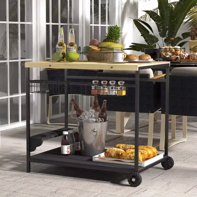 Carrello servitore da giardino WISHDOR a 2 livelli in legno di abete marrone e metallo con cesto e portabottiglie L: 97,5 cm, P: 65,0 cm, H: 81,0 cm