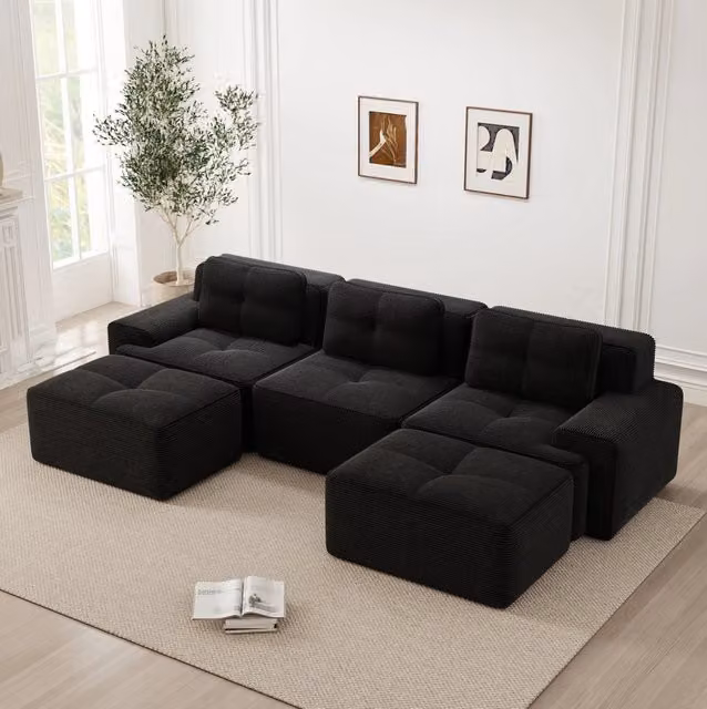 Divano modulare a U 293x177x69 cm in corduroy nero, senza montaggio, per soggiorni –