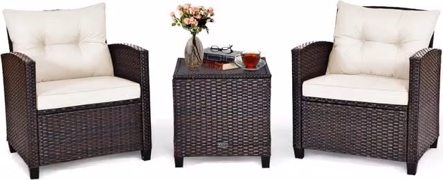 Costway Set di 3 Mobili da Giardino Moderni in Rattan con Tavolino in Vetro e 2 Poltrone con Cuscini Beige