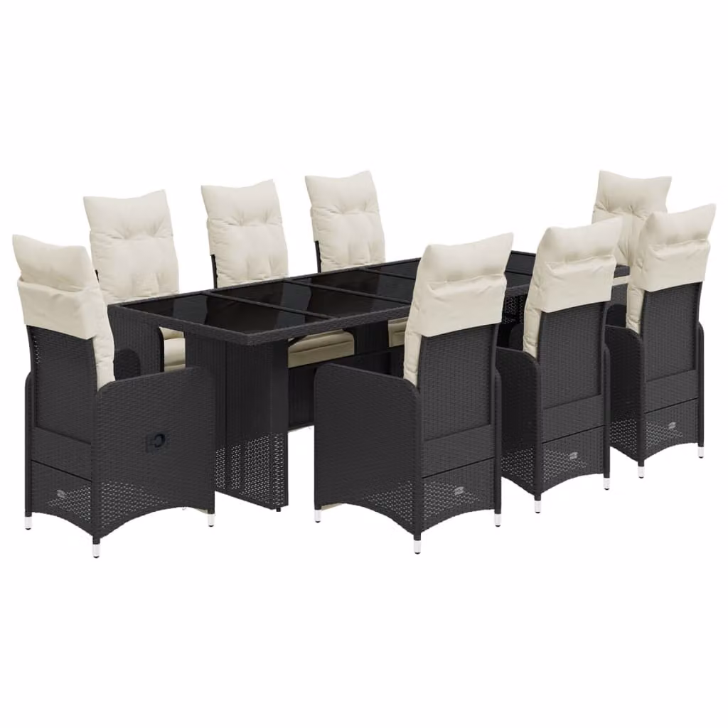 Set Bistrò da Giardino 9 pz con Cuscini in Polyrattan Nero