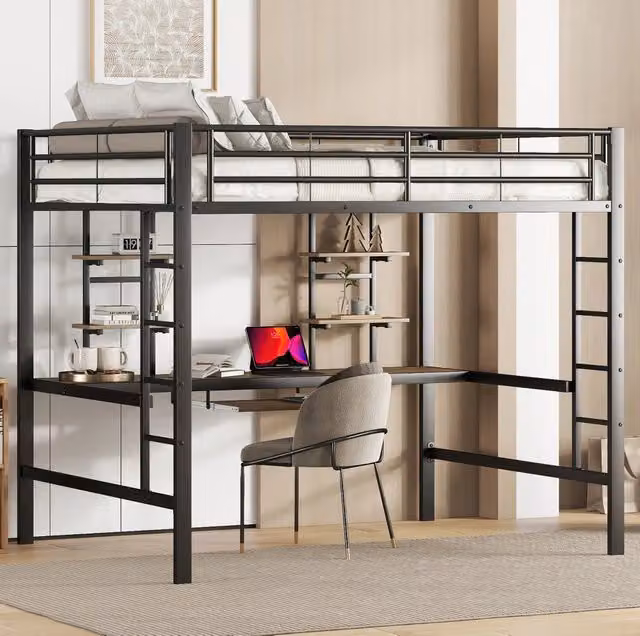 Letto a soppalco 140x200 cm con scrivania e librerie in metallo e MDF nero