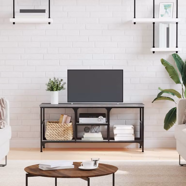 Mobile TV vidaXL in stile industriale in legno multistrato e ferro, Grigio Sonoma, L 100 x P 35 x H 45 cm