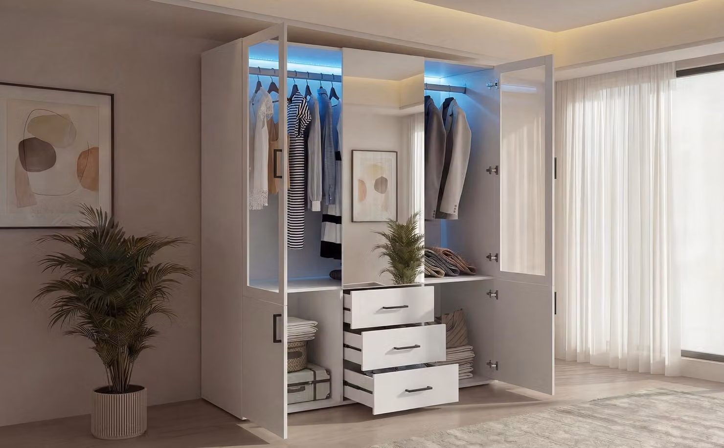 Armadio ProximaX 130x51,8x181,5 cm bianco con illuminazione a LED RGB, ante in vetro, 3 cassetti e 6 ante, per camera da letto