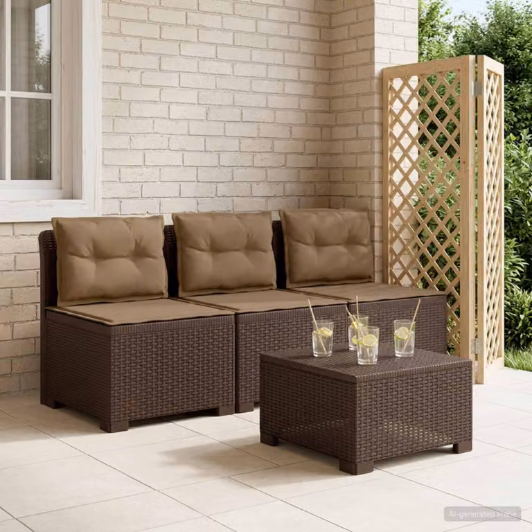Divano da giardino a 3 posti vidaXL in look rattan marrone con cuscini inclusi