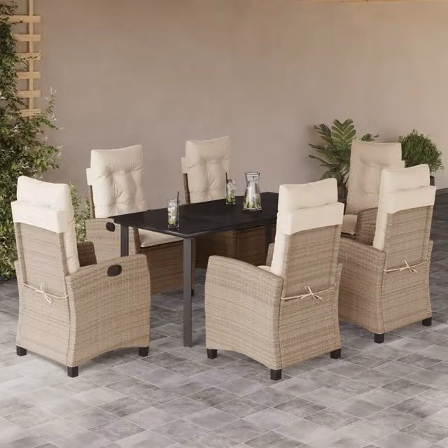 Set da pranzo da giardino vidaXL in polyrattan con cuscini beige e tavolo in vetro, 7 pezzi