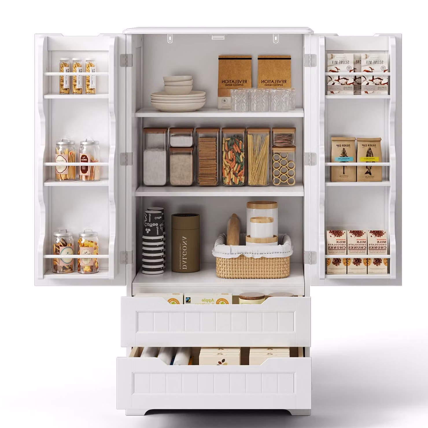 Bealife AP28 Mobile da cucina alto con 2 cassetti e 2 ante, dispensa, bianco