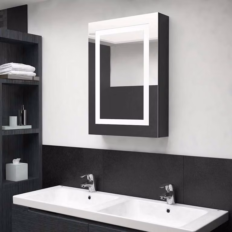 Armadietto da bagno con specchio e illuminazione LED vidaXL Nero Lucido L: 50 cm, P: 13 cm, H: 70 cm