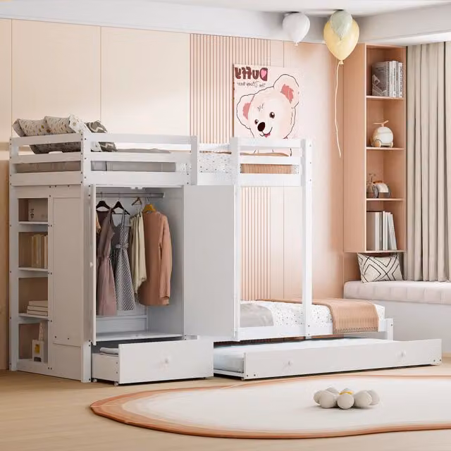 Letto a castello in legno massello bianco 90x200 cm con letto estraibile, armadio e cassetti