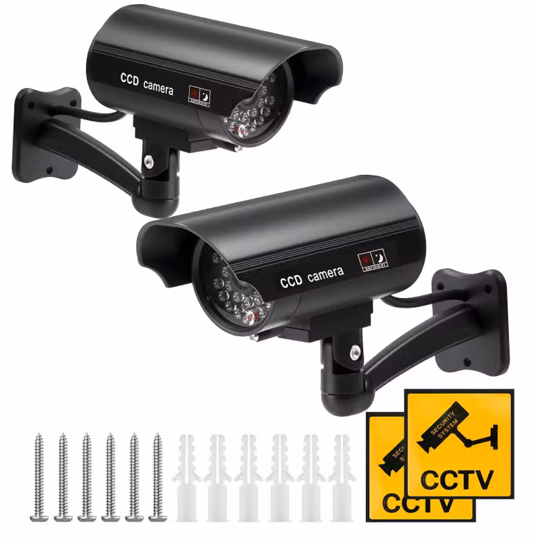 Telecamera finta da esterno, telecamera di sicurezza simulata con luce LED rossa lampeggiante
