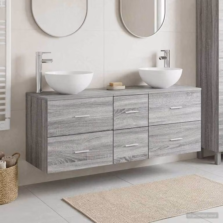 Set di 3 mobili da bagno moderni vidaXL in legno grigio, L/P/H: 129 x 35 x 80 cm