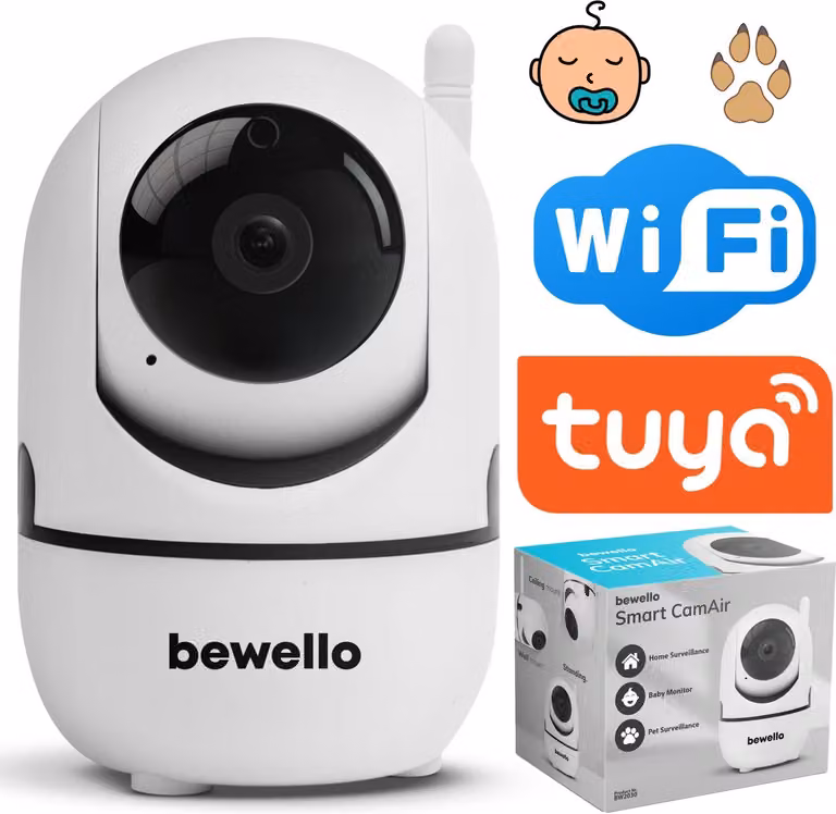 Bewello Smart WiFi IP Camera 1080p - 360° Pan/Tilt, visione notturna, rilevamento del movimento, audio, TuyaSmart, Alexa/Google Home