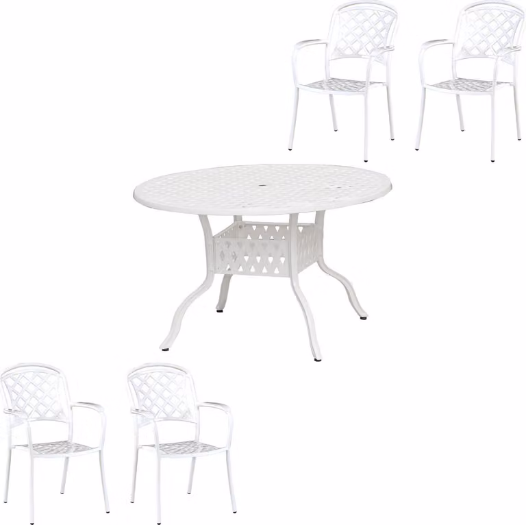 Inko Set da salotto 5 pezzi in alluminio pressofuso bianco Tavolo Ø 120 cm con 4 poltrone