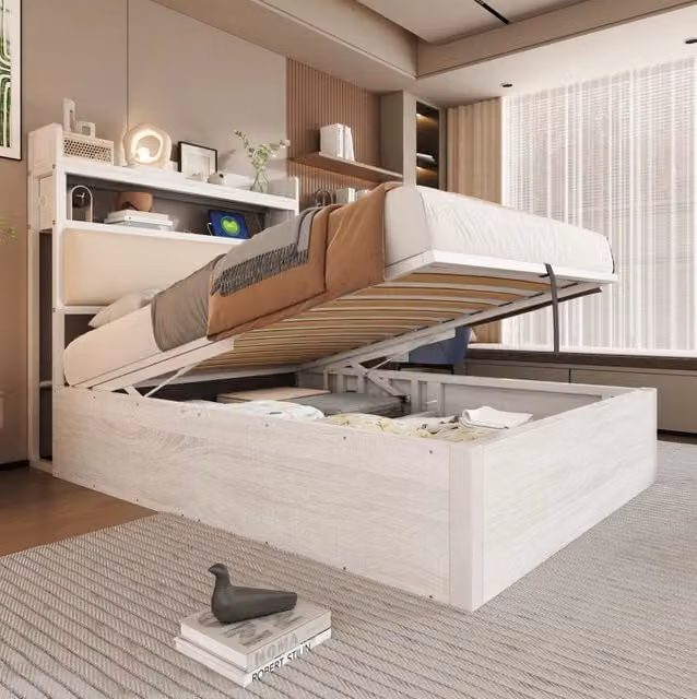 Letto singolo 90x200 cm con contenitore idraulico; USB e testiera imbottita; bianco