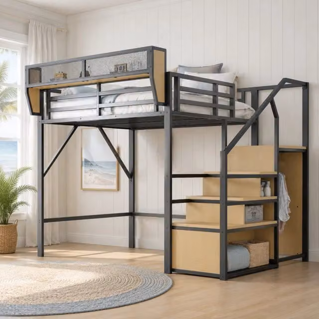 Letto a soppalco REDOM in metallo e MDF nero con scala e ripiano laterale L/P/H: 200 x 140 x 191 cm