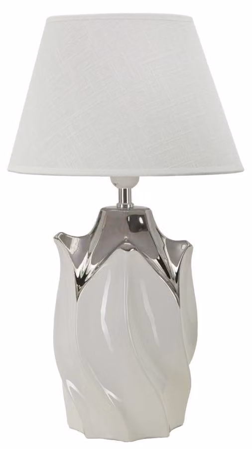 Lampada da Tavolo Shiney Ø30x51 cm in Ceramica e Ferro e Tessuto Bianco e Argento