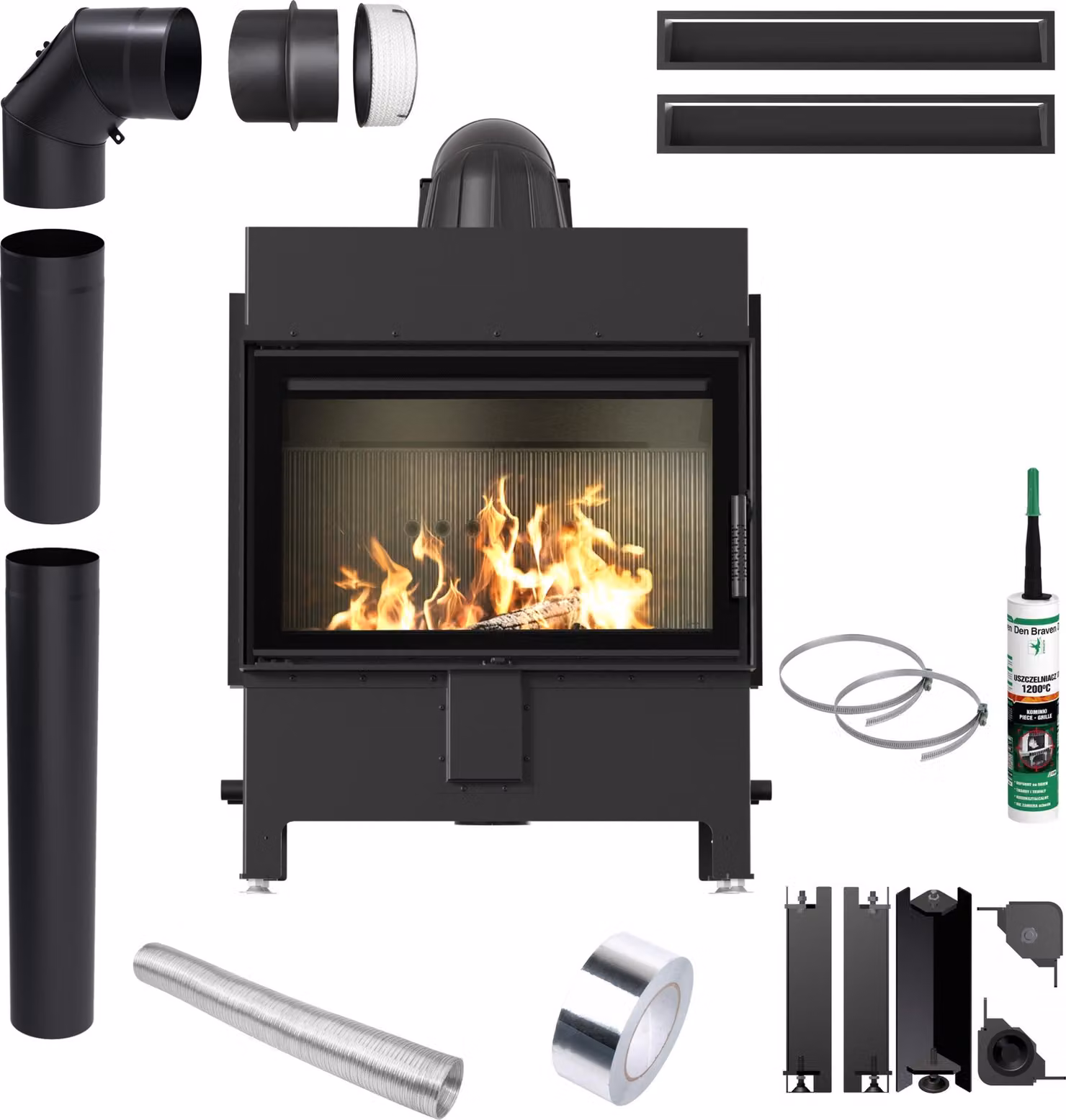 KRATKI LUCY 14 kW Ø200 NERO Inserto per caminetto Kit di installazione