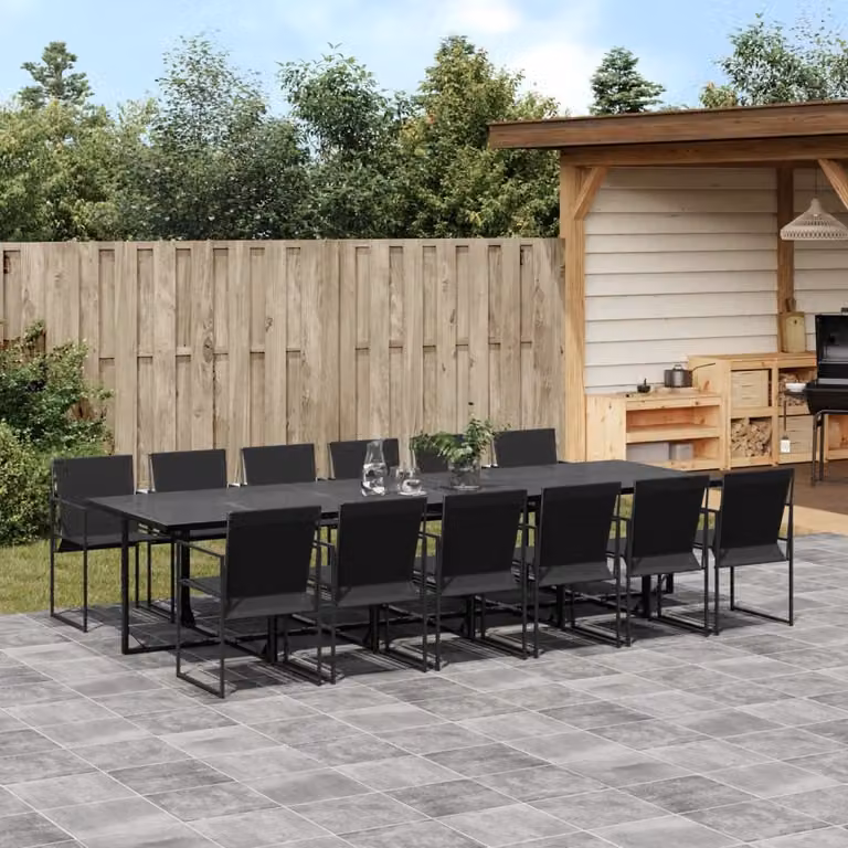 Set da pranzo da giardino vidaXL 13 pz nero in metallo e vetro
