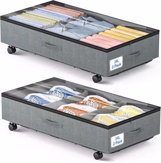 Ibenzoa® Set di 3 contenitori pieghevoli con ruote – ideali per essere riposti sotto il letto o sul divano, con cerniera, coperchio, ruote girevoli a 360°, colore grigio