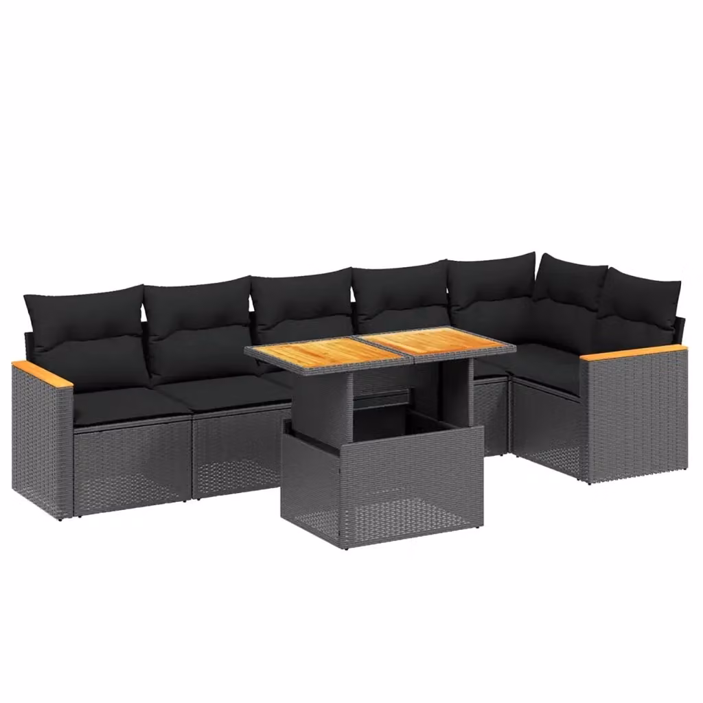 vidaXL Set Divano da Giardino a L con Cuscini 7pz Nero in Polyrattan e Legno di Acacia – 2