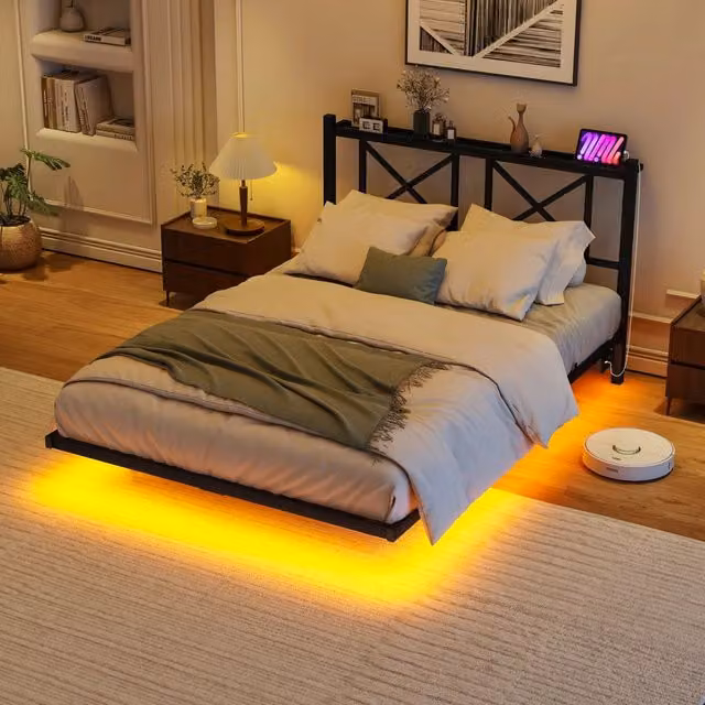 Letto 120 × 200 cm in metallo con testiera contenitore LED e stazione di ricarica nero