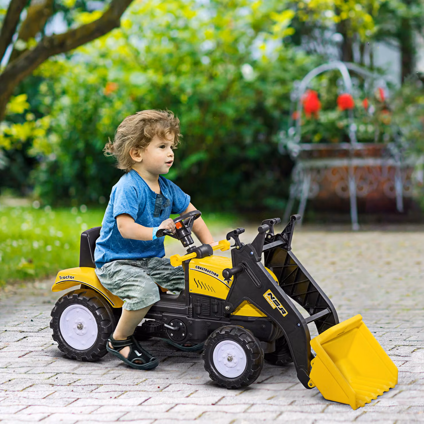 Escavatore a pedali HOMCOM per bambini con ruspa frontale e volante, Giallo – 2