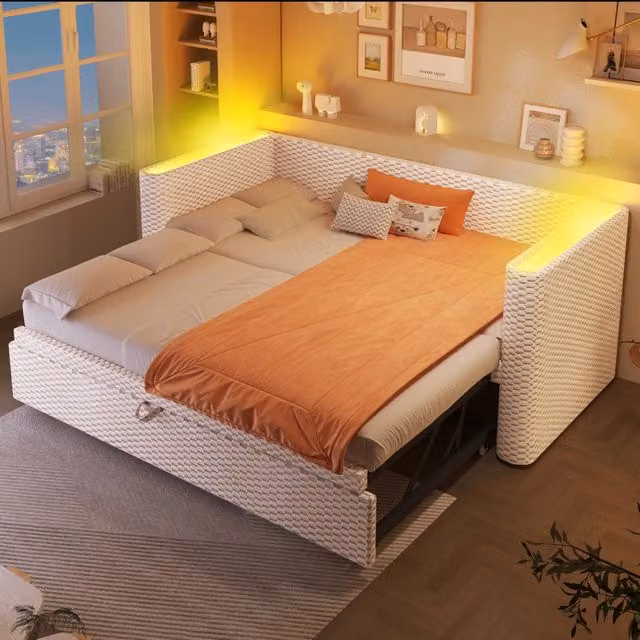Letto estraibile singolo 90 × 200 cm e 180 × 200 cm, LED multicolore, senza materasso, velluto beige