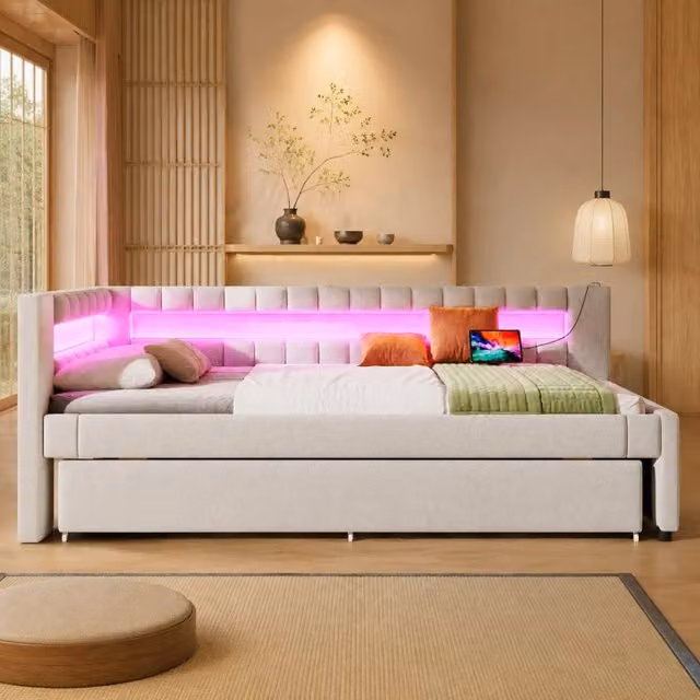 Letto estraibile moderno REDOM con struttura imbottita e porta USB, colore beige e multicolore, L/P: 90 x 200 cm – 1