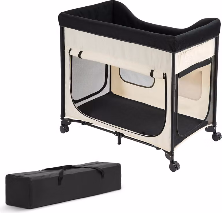 SucceBuy Letto rialzato per animali (L), letto pieghevole per cani in tessuto Oxford 600D e velluto olandese, letto portatile con ruote, tasche laterali e borsa per il trasporto, beige