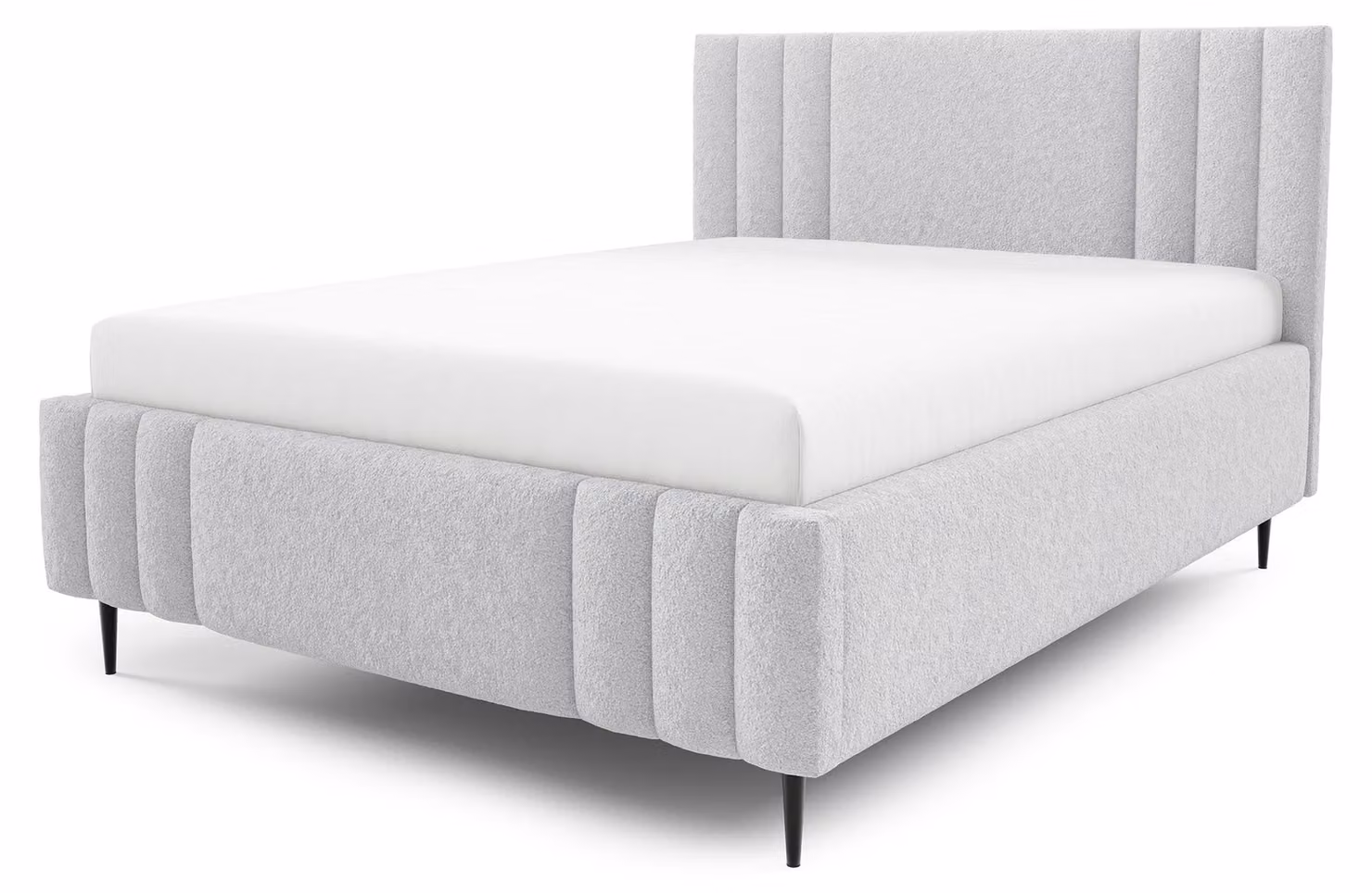 Letto imbottito con contenitore e gonna a pavimento, finitura grigio perla, dimensioni 140 x 200 cm
