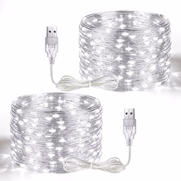 Set di 2 catene luminose USB, lunghezza 5 metri, 50 LED, luce bianca fredda