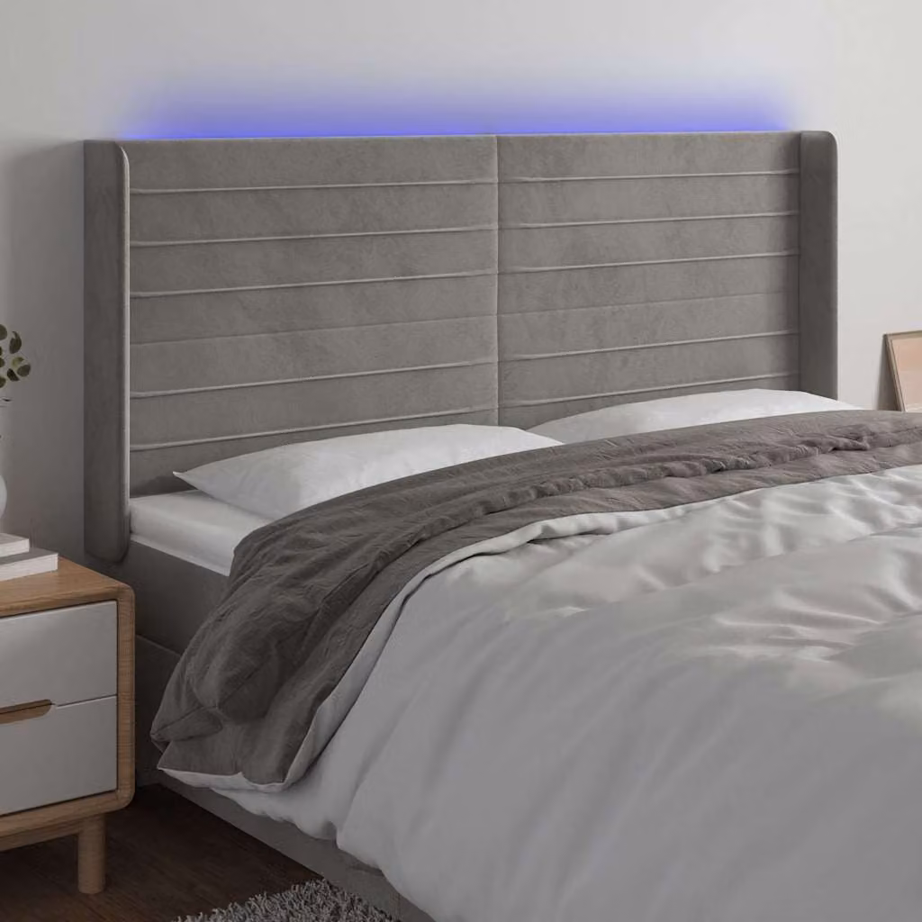 Testiera per letto vidaXL in velluto grigio chiaro con illuminazione LED e porta di ricarica USB, L 203 cm x P 16 cm x H 118/128 cm