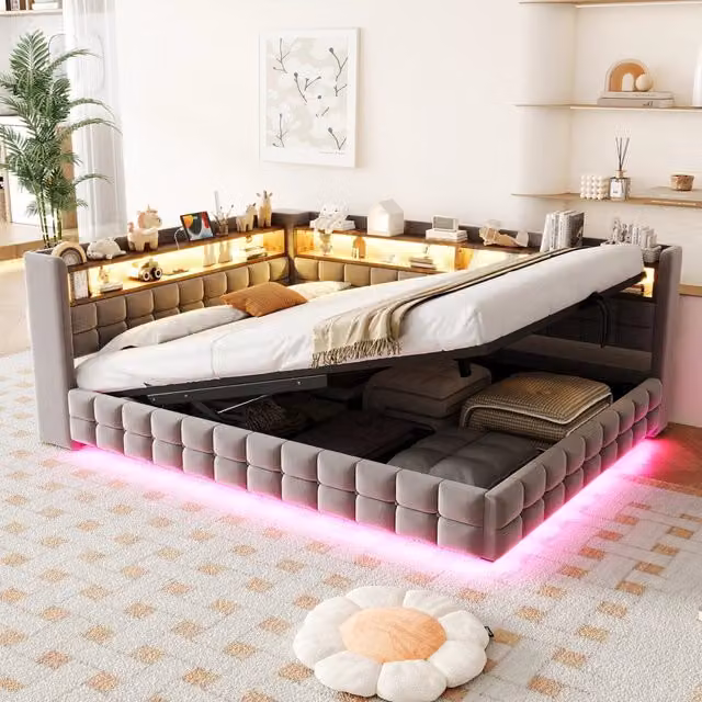 Desviae Letto imbottito matrimoniale 140 × 200 cm con contenitore idraulico LED prese USB tipo C velluto grigio chiaro