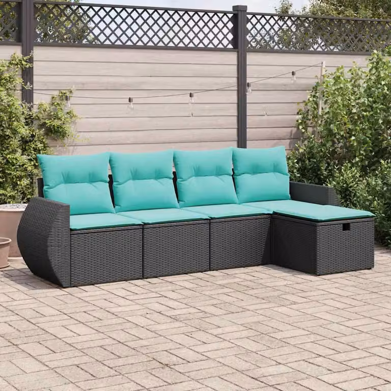Set Divano da Giardino a L vidaXL 5 pz con Cuscini, Struttura in Metallo e Polyrattan, Colore Blu/Turchese