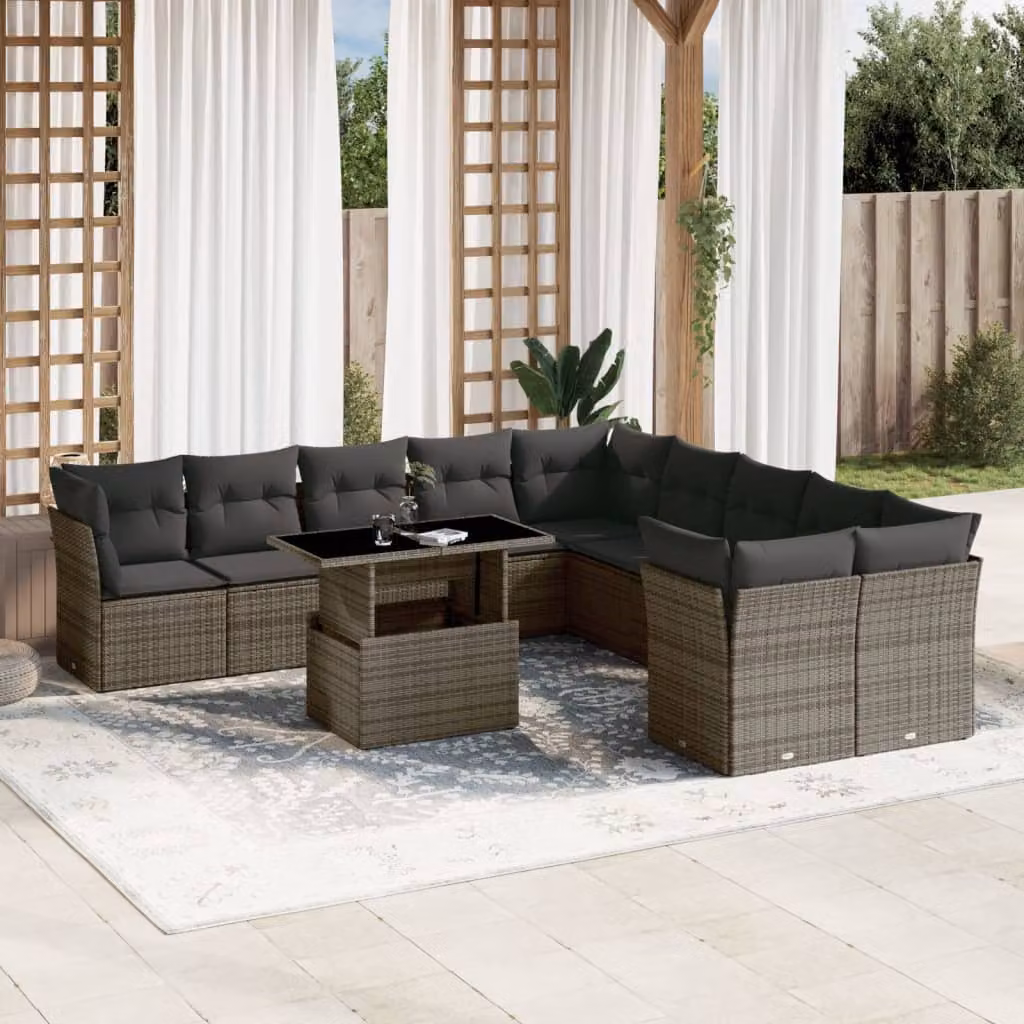 vidaXL Set Divani da Giardino 11 pz in Polyrattan Grigio con Cuscini e Tavolino – 1