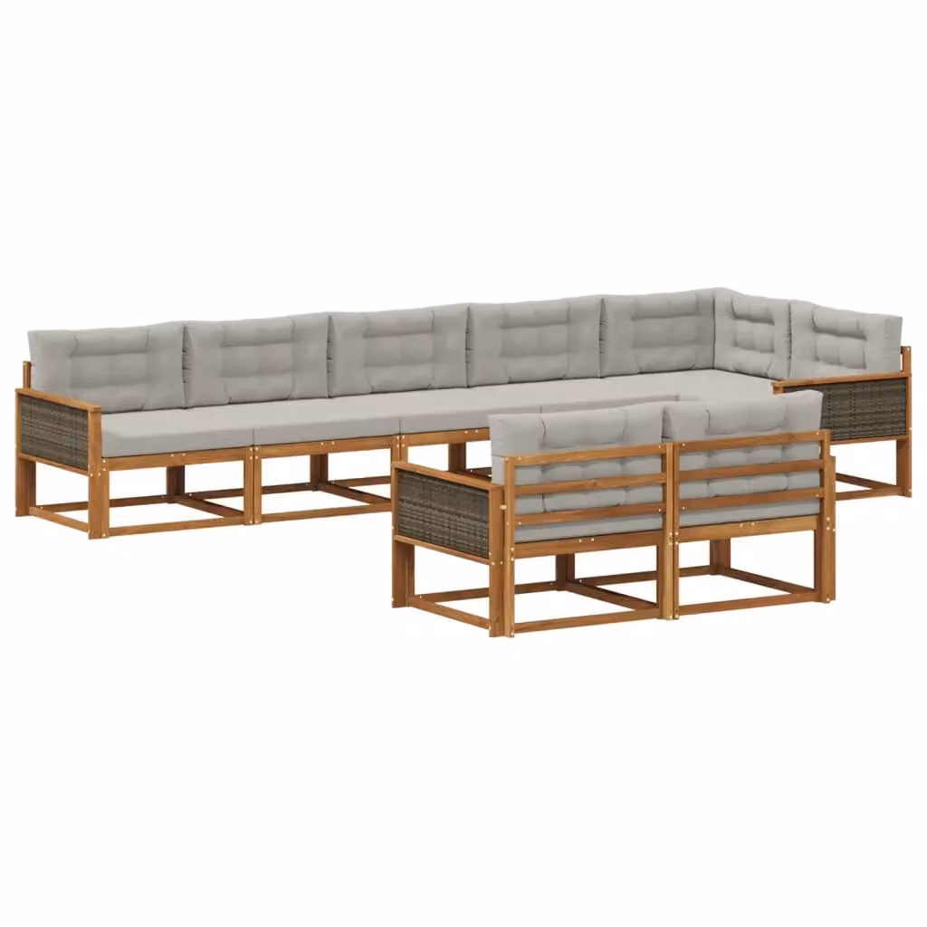 Set di divani da esterno a forma di U vidaXL in legno di acacia con pouf e cuscini, beige e grigio – 2