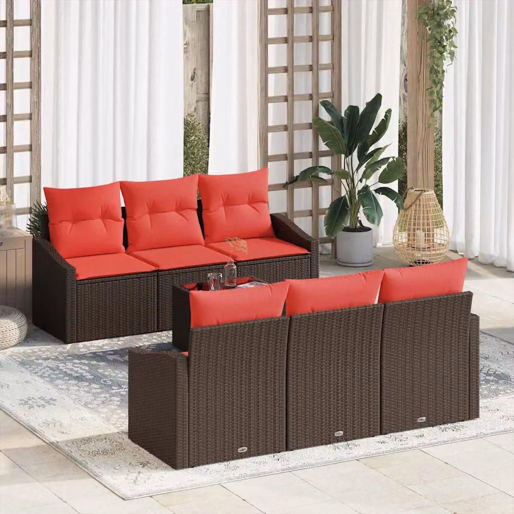 Set di divani da giardino vidaXL in rattan marrone e rosso con tavolo da caffè e cuscini inclusi