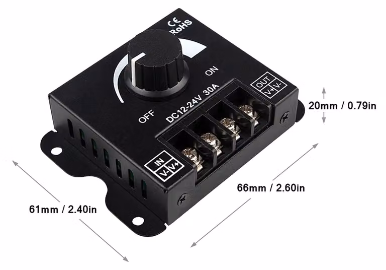 Dimmer per luci LED 12–24 V 30 A, regolazione continua dell'intensità luminosa, interruttore PWM, regolatore manuale della luminosità, funzione di memorizzazione per strisce luminose monocolore 5050 3528