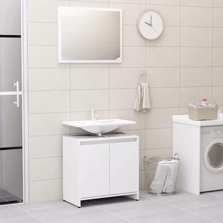 Set Mobili da Bagno Moderni vidaXL Bianco Lucido in MDF con Mobile Lavabo, Armadietto a Parete e Specchio L/P/H: 60 x 33 x 61 cm