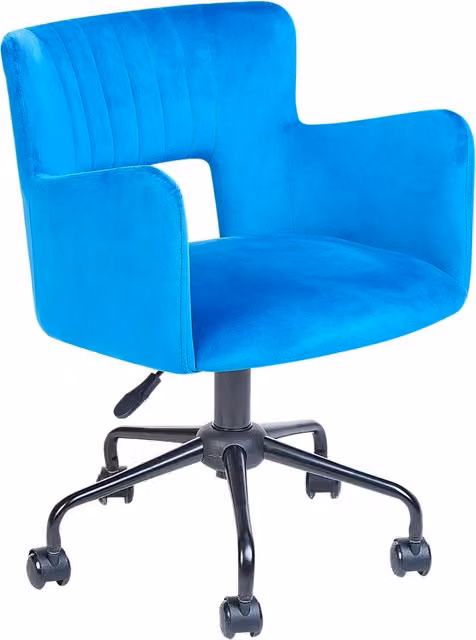 Sedia da ufficio BELIANI in velluto blu con braccioli, schienale intagliato e gambe in metallo, girevole con rotelle, stile industriale per casa e ufficio – 1
