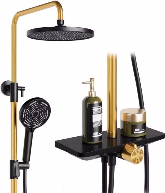 Sistema doccia Unyqoos® senza miscelatore – Doccia a pioggia XL da 25 cm, regolabile da 98 a 130 cm, soffione manuale con 3 getti, ripiano portante da 10 kg, colore nero/oro, acciaio inossidabile, attacco G12