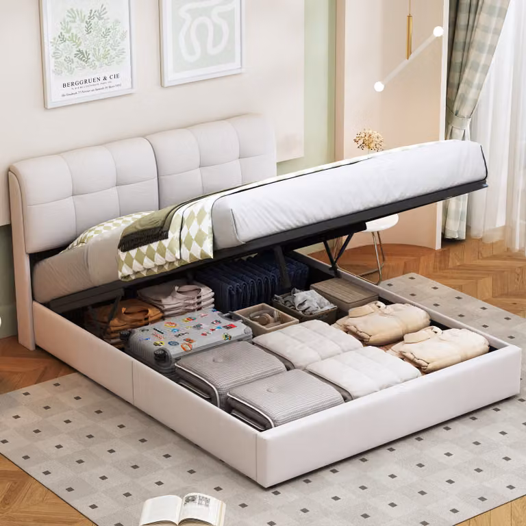 Letto imbottito ProximaX 140x200 cm con striscia luminosa a 7 colori - letto a molle con rete a doghe, contenitore e velluto - bianco beige