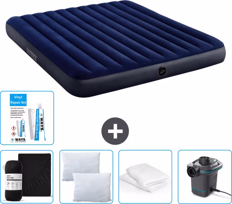 Letto gonfiabile Intex - 2 persone - 183 x 203 x 25 cm - blu - lenzuolo incluso - bacio - pompa - set di riparazione e protezione per cuscini