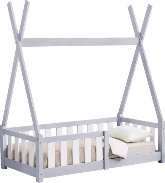 Letto a capanna Helsingborg en.casa per bambini in legno di pino, colore grigio e bianco, L/P/H: 140 x 70 x 165 cm