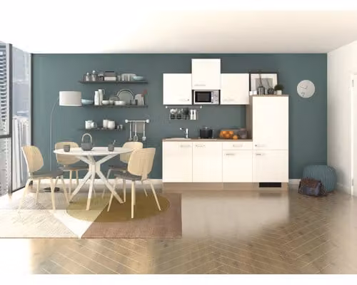 Mobile cucina con elettrodomestici Flex Well Valero 210 cm colore frontale bianco lucido colore mobile rovere sonoma